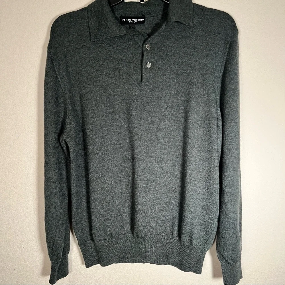 Ponte Vecchio Men's Olive Green Knit Polo Sweater - Picture 2 of 10